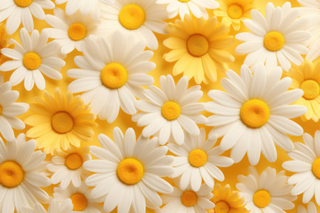 A group of white daisies on a yellow background with a place for textの素材