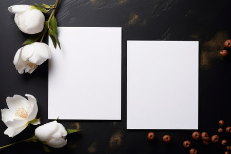 A white card with white spring flowers on a beige background. Place for textの素材