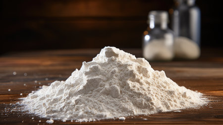 Whole grain flour is scattered on the table in a slideの素材