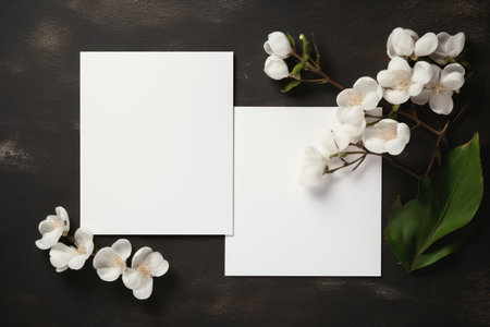 A white card with white spring flowers on a beige background. Place for textの素材