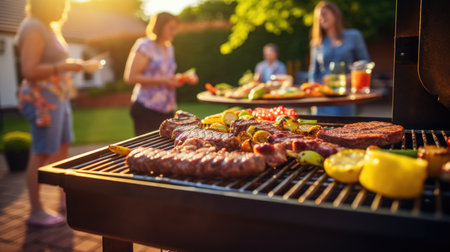 Barbecue party with people in the background, grilled steak in the yardの素材