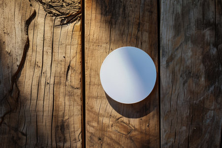Mock-up of a round white sticker on a wooden surface, copy spaceの素材
