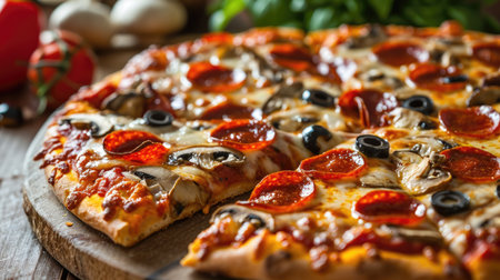 Delicious hot pepperoni pizza with mushrooms and olivesの素材