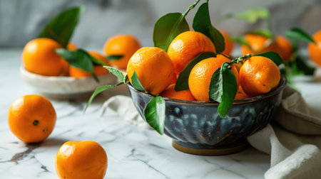 Ripe tangerines on a branch lie in a plate on a white marble tableの素材