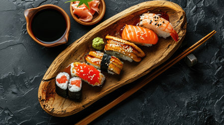 Sushi Set sashimi and sushi rolls served on stone slateの素材