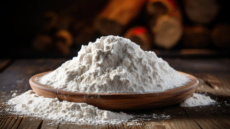 Whole grain flour in a wooden plateの素材