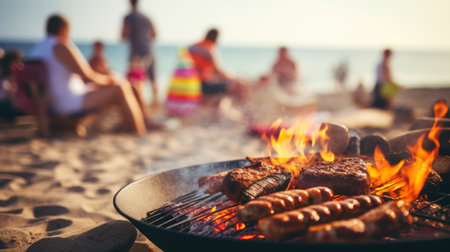 Barbecue party with people in the background, grilled meat beach partyの素材