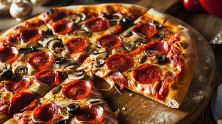 Delicious hot pepperoni pizza with mushrooms and olivesの素材