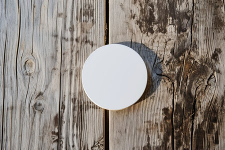 Mock-up of a round white sticker on a wooden surface, copy spaceの素材
