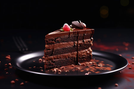 A piece of chocolate cake with cream and raspberries on topの素材