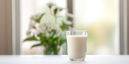 A glass glass with milk stands on a marble table with a bouquet of flowers in a vaseの素材