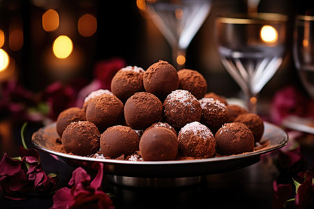 Delicious sweet chocolate truffles, round chocolates with cocoaの素材
