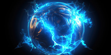 Blue glowing energy ball on black backgroundの素材