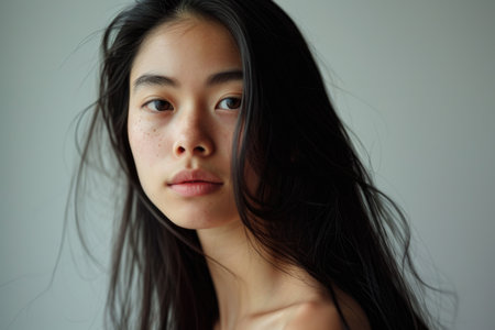 Photo of a pretty Asian girl with perfect skin and long hair on a white backgroundの素材