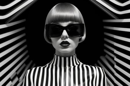 Pretty girl model, symmetrical black and white background in psychedelic style, black and white photoの素材