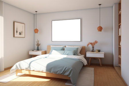Interior of the minimalist bedroom with a wooden bed and mockup of posters or paintings on the wallの素材
