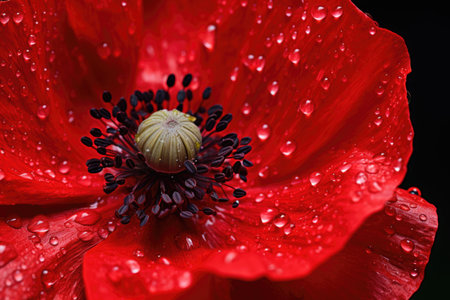 Red poppy with dew drops on the petals close-upの素材
