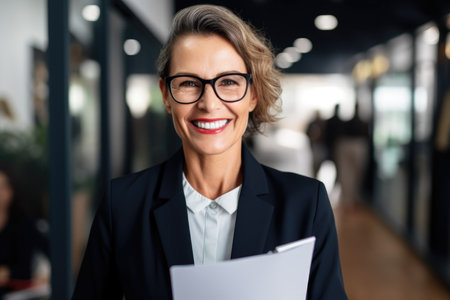 A smiling mature businesswoman with glasses from the HR department holds a resume at a job interview, a lot of candidatesの素材