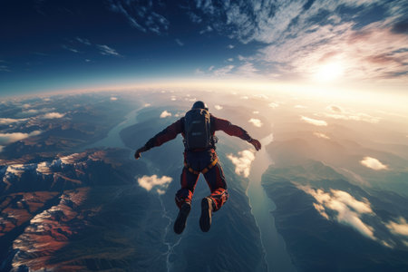 A man hovers in the air in the sky, free falling before opening a parachuteの素材