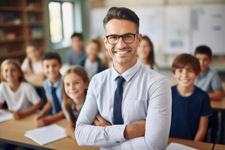 A business man, a teacher with glasses, stands in the school auditoriumの素材
