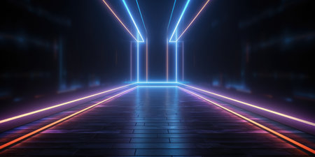 A room with neon glowing lines on a dark background. Abstract futuristic backgroundの素材