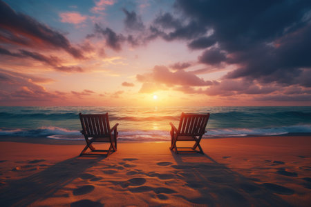 Two sun loungers by the sea stand on the sand at sunsetの素材