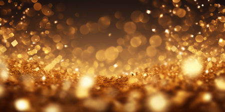 Gold particles and sequins for festive decoration, shiny gold lights with a black backgroundの素材