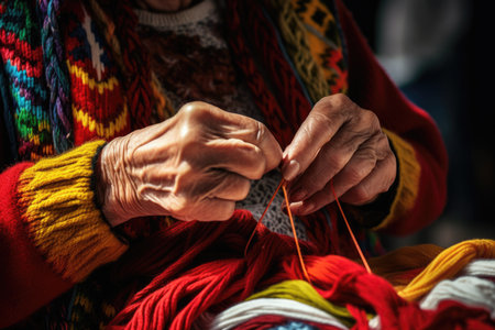 Grandma knits with knitting needles and woolen threadsの素材
