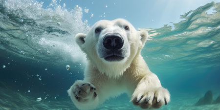 Polar bear close-up swimming underwaterの素材