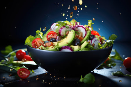 Healthy salad with avocado, cherry tomatoes, cucumber, red onion and lettuce in bowl over dark blue backgroundの素材