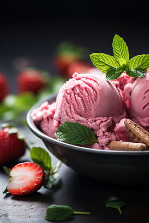 Delicious balls of strawberry pink ice cream sundaeの素材