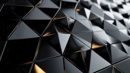 Polished, glossy wall background with tiles. Triangular, tiled wallpaper with 3D, black blocksの素材