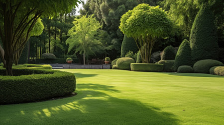 A green carpet of grass, a manicured lawn with shrubsの素材