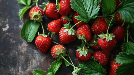 Fresh strawberries on twigs are lying on the tableの素材