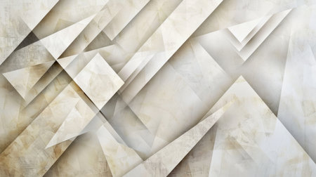 Modern abstract cream background design with layers of textured white transparent material in triangle diamond and squares shapes in random geometricの素材