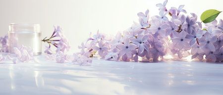 Banner with lilac branches on a glossy white tableの素材