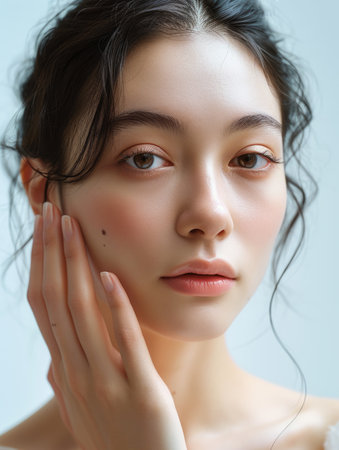 An Asian woman with clear skin advertising facial care cosmeticsの素材