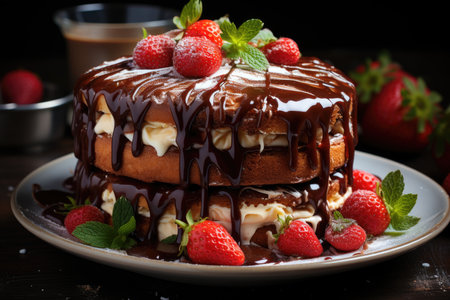 Chocolate layer cake with strawberries and mintの素材