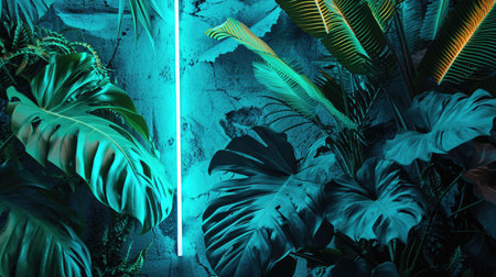 Green and Blue Neon Light with Tropical Leavesの素材