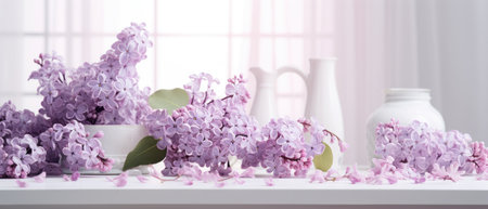 Banner with lilac branches on a glossy white tableの素材