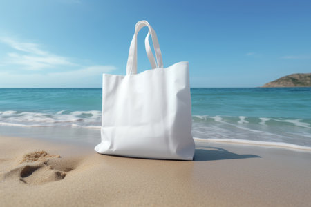 A white bag with handles stands on the beach on the sand. White bag layout, space for textの素材