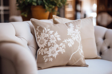 Close-up of a fabric sofa with white and beige pillows. Interior design of a modern living roomの素材