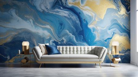 A couch in front of a blue and gold wallの素材