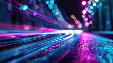 Image of speed motion on the road. Abstract background in blue and purple neon glowの素材
