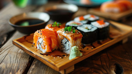 Salmon maki roll with red caviar on dark backgroundの素材