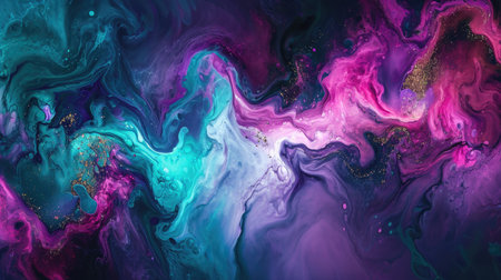 Abstract background blurring and mixing of blue, purple and pink paint with gold streaksの素材