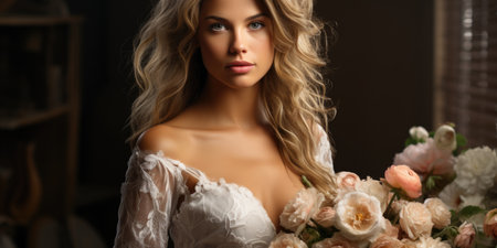 A woman bride in a wedding dress with a bouquet of flowersの素材