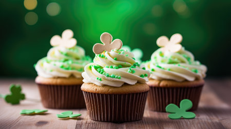 St. Patrick's Day cupcakes with white cream and a shamrock on top with a place for textの素材