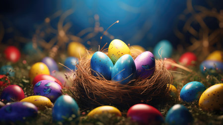 Colorful mother-of-pearl Easter eggs on a bokeh backgroundの素材