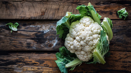 A cauliflower head lies on an old wooden table, a copy spaceの素材
